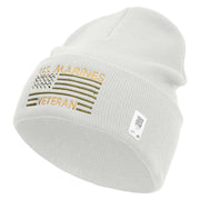 US Marine Veteran Flag Logo Embroidered 12 Inch Solid Knit Cuff Long Beanie Made in USA - White OSFM