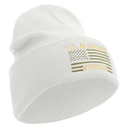 US Marine Veteran Flag Logo Embroidered 12 Inch Solid Knit Cuff Long Beanie Made in USA - White OSFM
