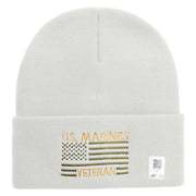 US Marine Veteran Flag Logo Embroidered 12 Inch Solid Knit Cuff Long Beanie Made in USA - White OSFM