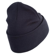 US Marine Veteran Flag Logo Embroidered 12 Inch Solid Knit Cuff Long Beanie Made in USA - Navy OSFM