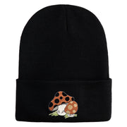 Polka Dots Mushrooms Iron On Patched 12 Inch Long Knitted Beanie - Black OSFM