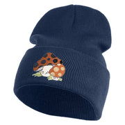 Polka Dots Mushrooms Iron On Patched 12 Inch Long Knitted Beanie - Navy OSFM