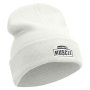 American Muscle Badge Embroidered 12 Inch Long Knitted Beanie - White OSFM