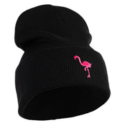 Small Flamingo Bird Embroidered Iron On Patched 12 Inch Long Knitted Beanie - Black OSFM