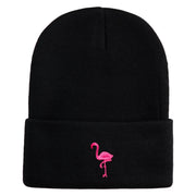 Small Flamingo Bird Embroidered Iron On Patched 12 Inch Long Knitted Beanie - Black OSFM