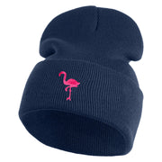 Small Flamingo Bird Embroidered Iron On Patched 12 Inch Long Knitted Beanie - Navy OSFM