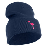 Small Flamingo Bird Embroidered Iron On Patched 12 Inch Long Knitted Beanie - Navy OSFM