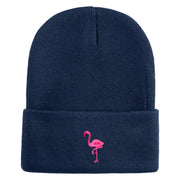 Small Flamingo Bird Embroidered Iron On Patched 12 Inch Long Knitted Beanie - Navy OSFM