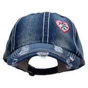 Jesus Loves Me Iridescent Heart Patched Distressed Heavy Washed Denim Cap - Navy OSFM