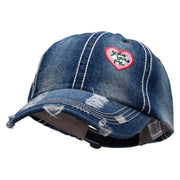 Jesus Loves Me Iridescent Heart Patched Distressed Heavy Washed Denim Cap - Navy OSFM