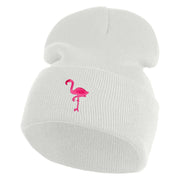 Small Flamingo Bird Embroidered Iron On Patched 12 Inch Long Knitted Beanie - White OSFM