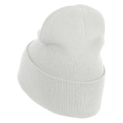 Small Flamingo Bird Embroidered Iron On Patched 12 Inch Long Knitted Beanie - White OSFM