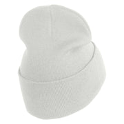 Small Flamingo Bird Embroidered Iron On Patched 12 Inch Long Knitted Beanie - White OSFM
