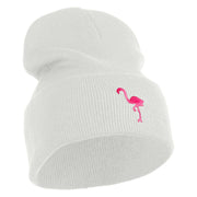 Small Flamingo Bird Embroidered Iron On Patched 12 Inch Long Knitted Beanie - White OSFM