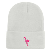 Small Flamingo Bird Embroidered Iron On Patched 12 Inch Long Knitted Beanie - White OSFM