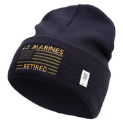 US Marines Retired Flag Logo Embroidered 12 Inch Solid Knit Cuff Long Beanie Made in USA - Navy OSFM