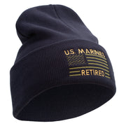 US Marines Retired Flag Logo Embroidered 12 Inch Solid Knit Cuff Long Beanie Made in USA - Navy OSFM