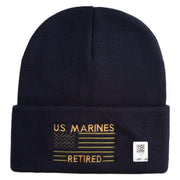 US Marines Retired Flag Logo Embroidered 12 Inch Solid Knit Cuff Long Beanie Made in USA - Navy OSFM