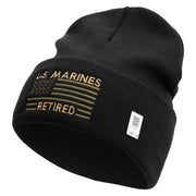 US Marines Retired Flag Logo Embroidered 12 Inch Solid Knit Cuff Long Beanie Made in USA - Black OSFM