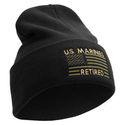 US Marines Retired Flag Logo Embroidered 12 Inch Solid Knit Cuff Long Beanie Made in USA - Black OSFM