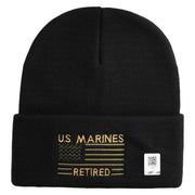 US Marines Retired Flag Logo Embroidered 12 Inch Solid Knit Cuff Long Beanie Made in USA - Black OSFM