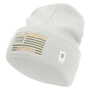 US Marines Retired Flag Logo Embroidered 12 Inch Solid Knit Cuff Long Beanie Made in USA - White OSFM