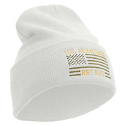 US Marines Retired Flag Logo Embroidered 12 Inch Solid Knit Cuff Long Beanie Made in USA - White OSFM