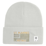 US Marines Retired Flag Logo Embroidered 12 Inch Solid Knit Cuff Long Beanie Made in USA - White OSFM