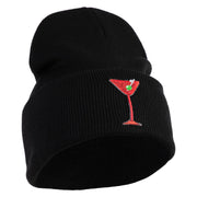 Red Martini and Olive Beverage Iron On Patched 12 Inch Long Knitted Beanie - Black OSFM
