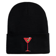 Red Martini and Olive Beverage Iron On Patched 12 Inch Long Knitted Beanie - Black OSFM