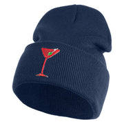 Red Martini and Olive Beverage Iron On Patched 12 Inch Long Knitted Beanie - Navy OSFM