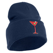 Red Martini and Olive Beverage Iron On Patched 12 Inch Long Knitted Beanie - Navy OSFM