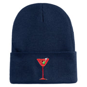 Red Martini and Olive Beverage Iron On Patched 12 Inch Long Knitted Beanie - Navy OSFM