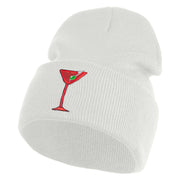 Red Martini and Olive Beverage Iron On Patched 12 Inch Long Knitted Beanie - White OSFM