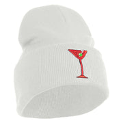 Red Martini and Olive Beverage Iron On Patched 12 Inch Long Knitted Beanie - White OSFM