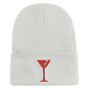 Red Martini and Olive Beverage Iron On Patched 12 Inch Long Knitted Beanie - White OSFM