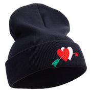 Valentines Day Hearts with Arrow Embroidered 12 Inch Long Knitted Beanie - Black OSFM