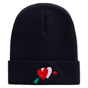 Valentines Day Hearts with Arrow Embroidered 12 Inch Long Knitted Beanie - Black OSFM