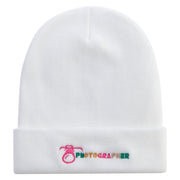 Photographer with Camera Embroidered 12 Inch Long Knitted Beanie - White OSFM