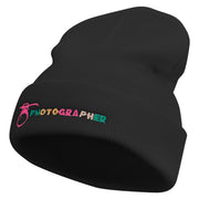 Photographer with Camera Embroidered 12 Inch Long Knitted Beanie - Black OSFM