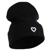Purple Heart Floral Embroidered Iron On Patched 12 Inch Long Knitted Beanie - Black OSFM