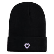 Purple Heart Floral Embroidered Iron On Patched 12 Inch Long Knitted Beanie - Black OSFM