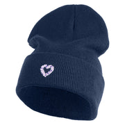 Purple Heart Floral Embroidered Iron On Patched 12 Inch Long Knitted Beanie - Navy OSFM
