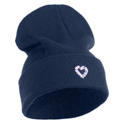Purple Heart Floral Embroidered Iron On Patched 12 Inch Long Knitted Beanie - Navy OSFM