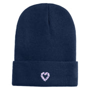 Purple Heart Floral Embroidered Iron On Patched 12 Inch Long Knitted Beanie - Navy OSFM