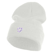 Purple Heart Floral Embroidered Iron On Patched 12 Inch Long Knitted Beanie - White OSFM