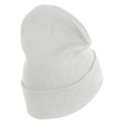 Purple Heart Floral Embroidered Iron On Patched 12 Inch Long Knitted Beanie - White OSFM