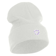 Purple Heart Floral Embroidered Iron On Patched 12 Inch Long Knitted Beanie - White OSFM
