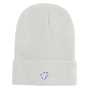 Purple Heart Floral Embroidered Iron On Patched 12 Inch Long Knitted Beanie - White OSFM