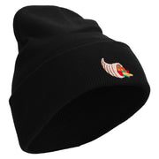 Thanksgiving Cornucopia Embroidered 12 inch Acrylic Cuffed Long Beanie - Black OSFM